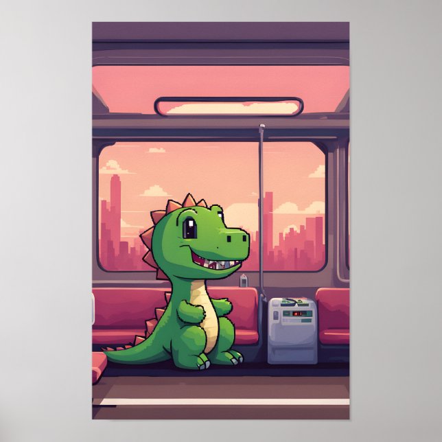 Affiche Adorable Dinosaure Vert en train au coucher du sol (Devant)