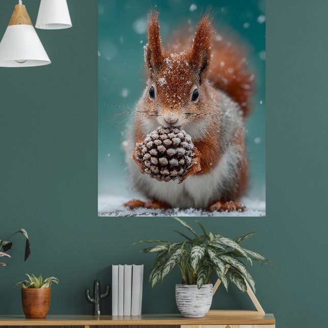 Affiche Adorable écureuil rouge dans la neige avec un Pine (Salon 1)