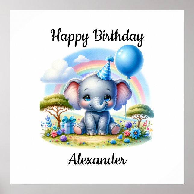 Affiche Adorable éléphant d'anniversaire en Casquette de l (Devant)