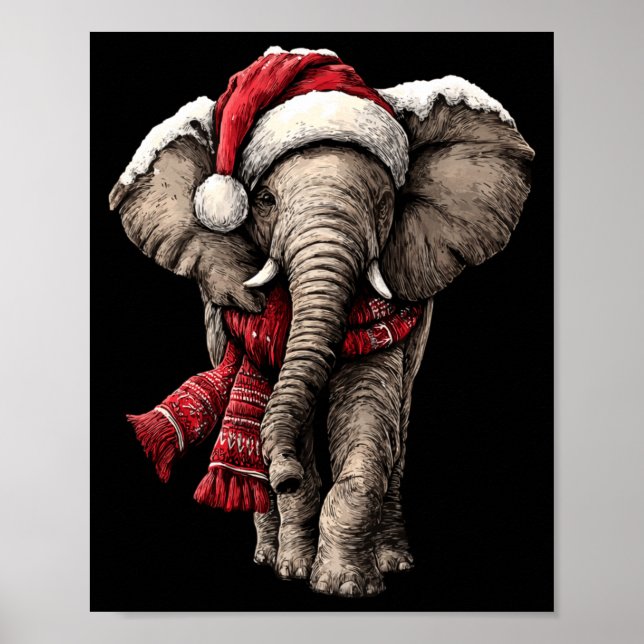 Affiche Adorable Elephant In Santa Hat Snowy Winter Christ (Devant)