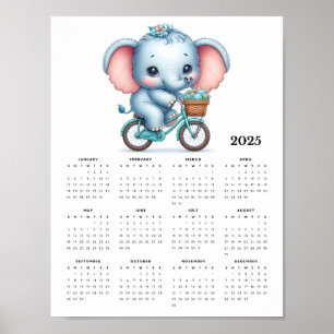 Affiche Adorable éléphant sur un vélo 2025 Calendrier mura
