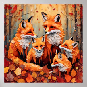 Affiche Adorable famille Renard Rouge en automne