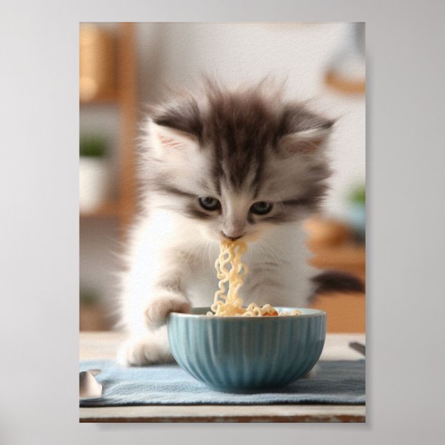 Affiche Adorable Fluffy Kitten mangeant des nouilles Ramen (Devant)