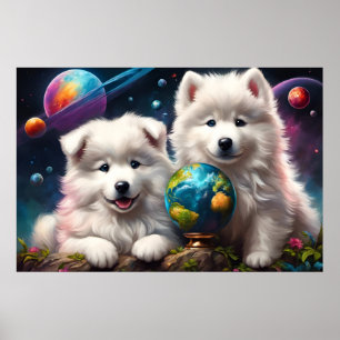 Affiche Adorable Fluffy Samoyé Puppies, Paix sur Terre
