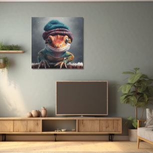 Affiche Adorable gecko portant mignon casquette d'hiver