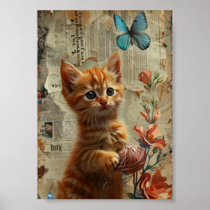 Affiche Adorable Ginger Kitten Avec papillon bleu Fil