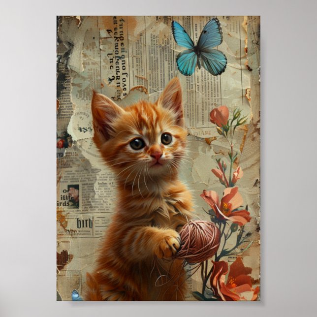 Affiche Adorable Ginger Kitten Avec papillon bleu Fil (Devant)