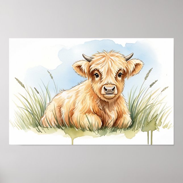 Affiche Adorable Highland Calf Watercolor | Cute Nursery (Devant)