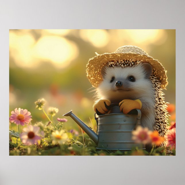 Affiche Adorable jardinier de hérisson dans un champ de fl (Devant)