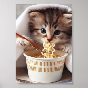 Affiche Adorable Kitten Manger Ramen nouilles