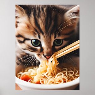 Affiche Adorable Kitten Manger Ramen nouilles