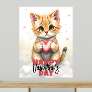 Affiche Adorable Kitten tenant le coeur rose Saint-Valenti