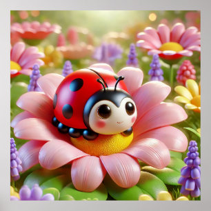 Affiche Adorable Ladybug assis sur une fleur rose