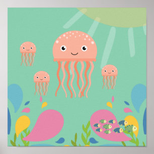 Affiche Adorable méduse dans l'océan bleu bébé,