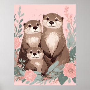 Affiche Adorable Otter Boho rose Rose Maman Papa et bébé