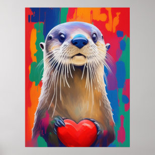 Affiche Adorable Otter tenant le coeur rouge Saint Valenti