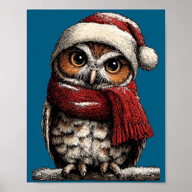 Affiche Adorable Owl With Santa Hat Snowy Winter Christmas (Devant)