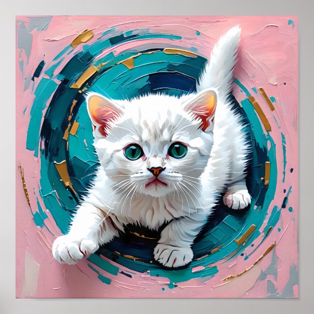 Affiche Adorable petit chat blanc dans un tourbillon de sa (Devant)