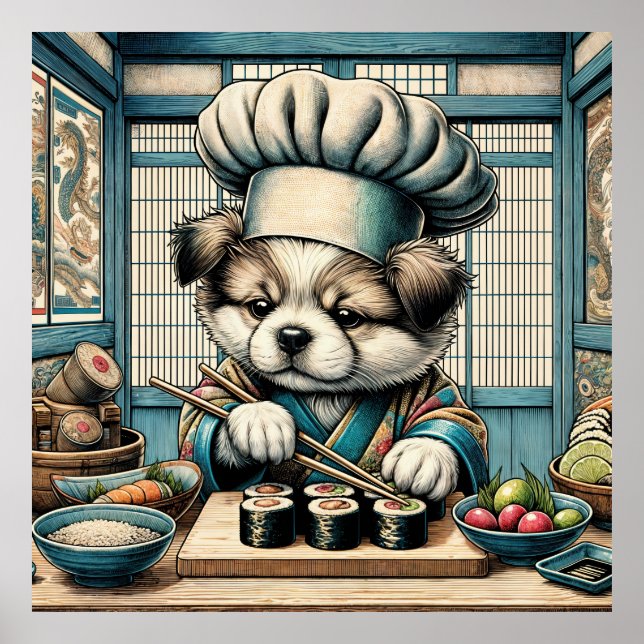 Affiche Adorable Sushi Chef Chiot (Devant)
