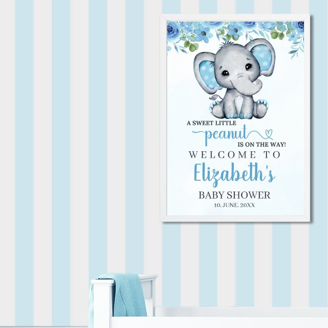 Affiche Adorable Watercolor Blue Elephant Baby shower boy (Créateur téléchargé)