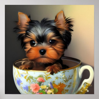 Affiche Adorable Yorkie Dans Une Teacup Peinture Numérique