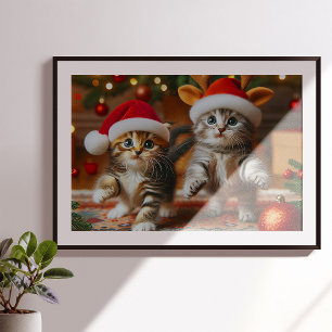 Affiche Adorables chatons avec le Père Noël et chapeaux de