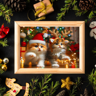 Affiche Adorables chatons avec le Père Noël et chapeaux de