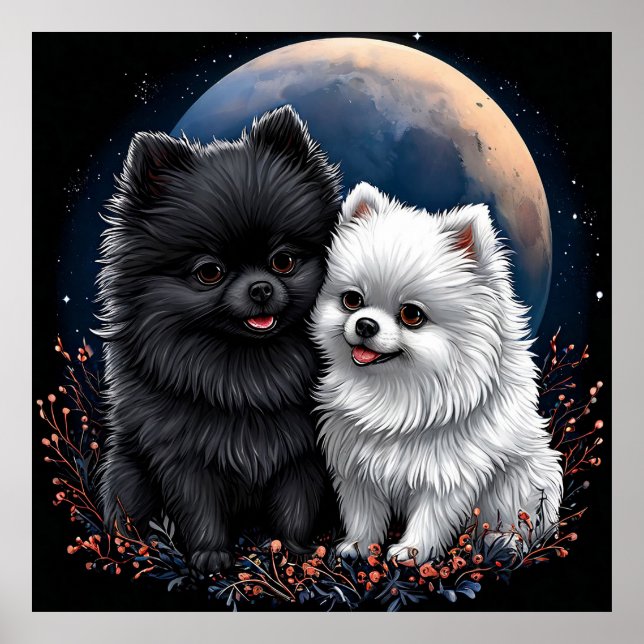 Affiche Adorables chiots Pomeranian noir et blanc (Devant)
