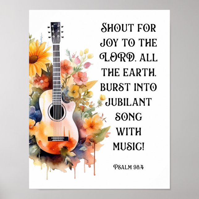 Affiche Adoration Aquarelle Florale Guitare Psaume 98:4 Po (Devant)
