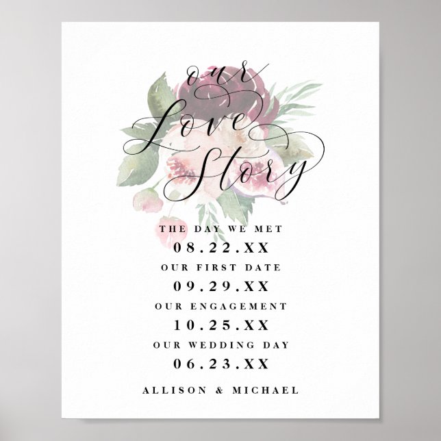 Affiche Adore Floral Our Love Story Timeline Mariage Signa (Devant)