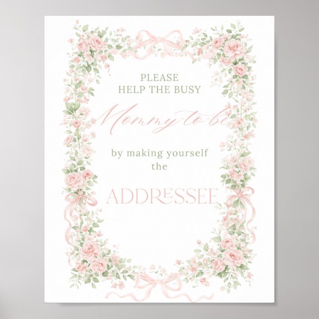 Affiche Adresse Baby Shower Fille Bébé en Fleur avec un Nœ (Devant)