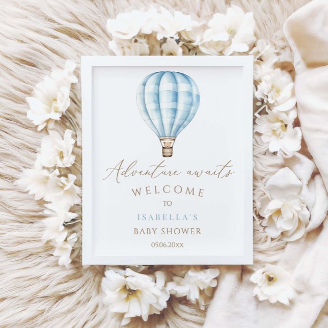 Affiche Adventure Await Blue Hot Air Balloon Baby shower (Créateur téléchargé)