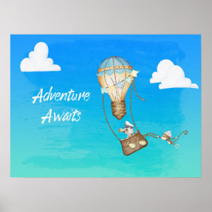 Affiche Adventure Await Hot Air Balloon Monkey