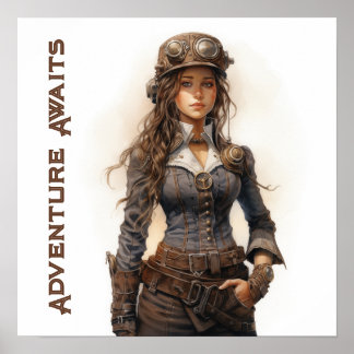Affiche Adventure Await Steampunk Jeune femme