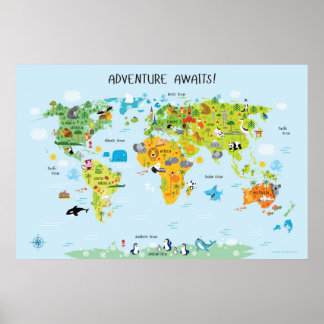 Affiche Adventure Await World Map pour les enfants