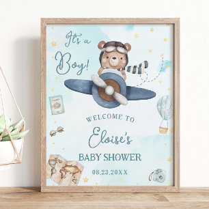 Affiche Adventure Cute Bear Blue Plane Baby shower garçon