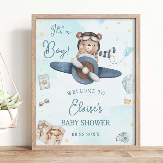 Affiche Adventure Cute Bear Blue Plane Baby shower garçon (Créateur téléchargé)