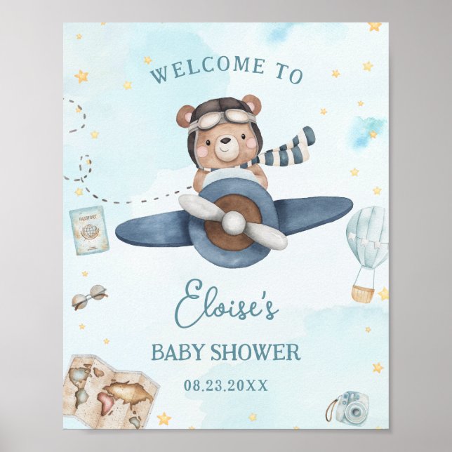 Affiche Adventure Cute Bear Blue Plane Boy Baby Shower (Devant)