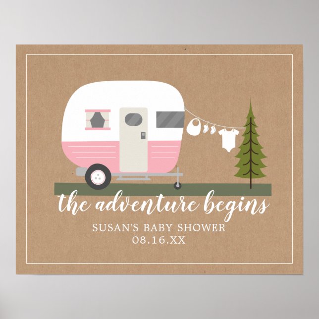 Affiche Adventure Trailer Camper Pink Girl Baby shower (Devant)