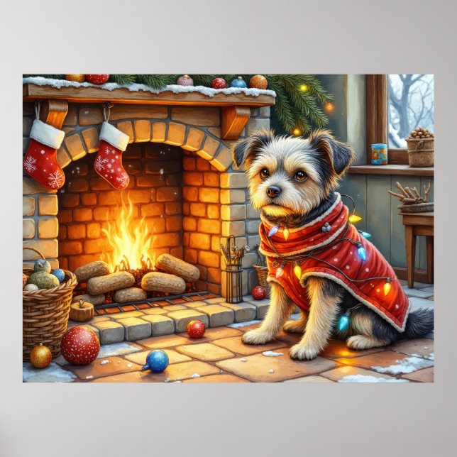 Affiche Affenpinscher assis devant une cheminée avec des l (Devant)