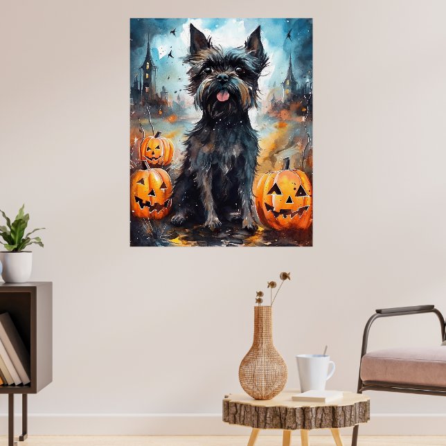 Affiche Affenpinscher d'Halloween avec citrouilles effraya (Salon 3)