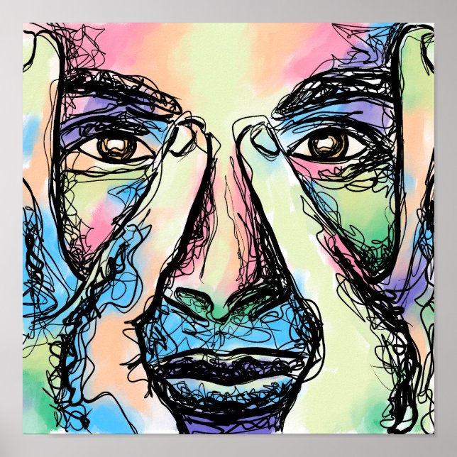 AFFICHE AFFICHAGE D'ART SCRIBBLE FACE RAINBOCE (Devant)