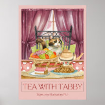 "Affiche d'art aquarelle « Tea with Tabby »"