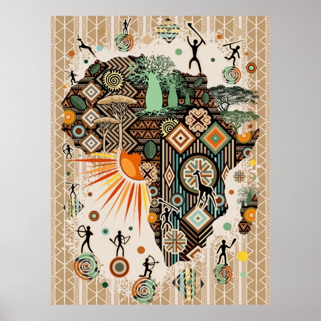 Affiche Africa Map Decorative Tribal Elements Pattern (Devant)