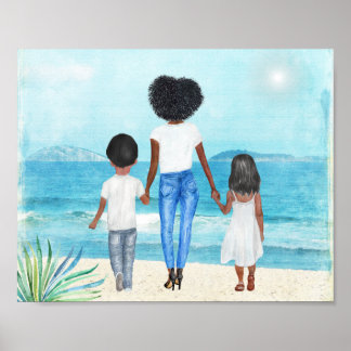 Affiche African American Woman with Children Beach