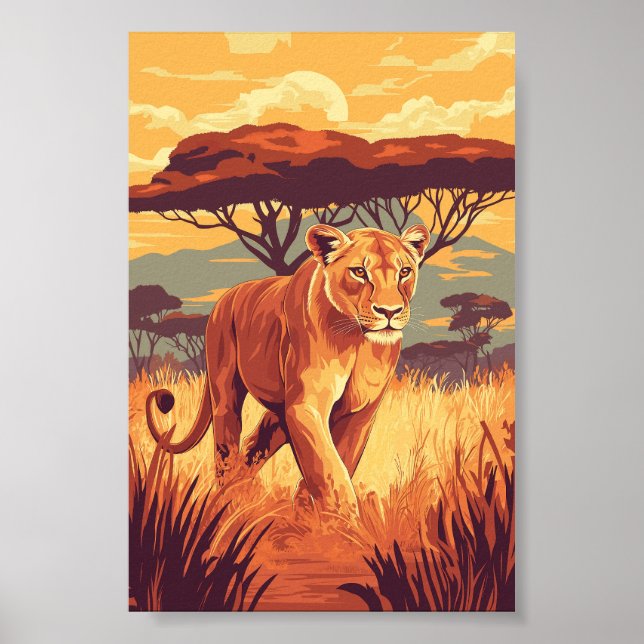 Affiche African Savannah Lion - Wildlife Sunset Art (Devant)