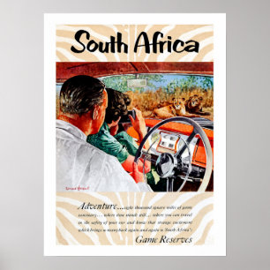Affiche Afrique du Sud, aventure en voiture, vintage