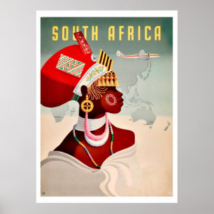 Affiche Afrique du Sud, femme africaine, voyage aérien vin