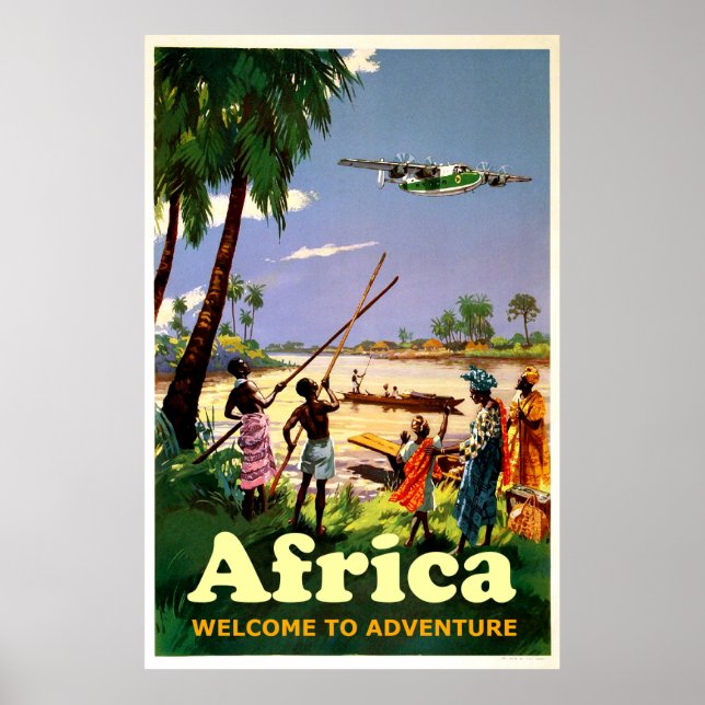 Affiche Afrique, tribu africaine regardant l'avion à venir (Devant)
