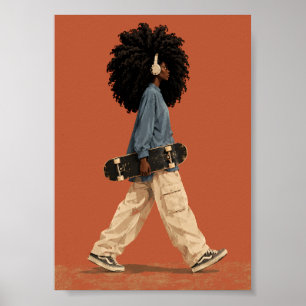 Affiche Afro Girl Skateboard Streetwear Urban Fashion Blac